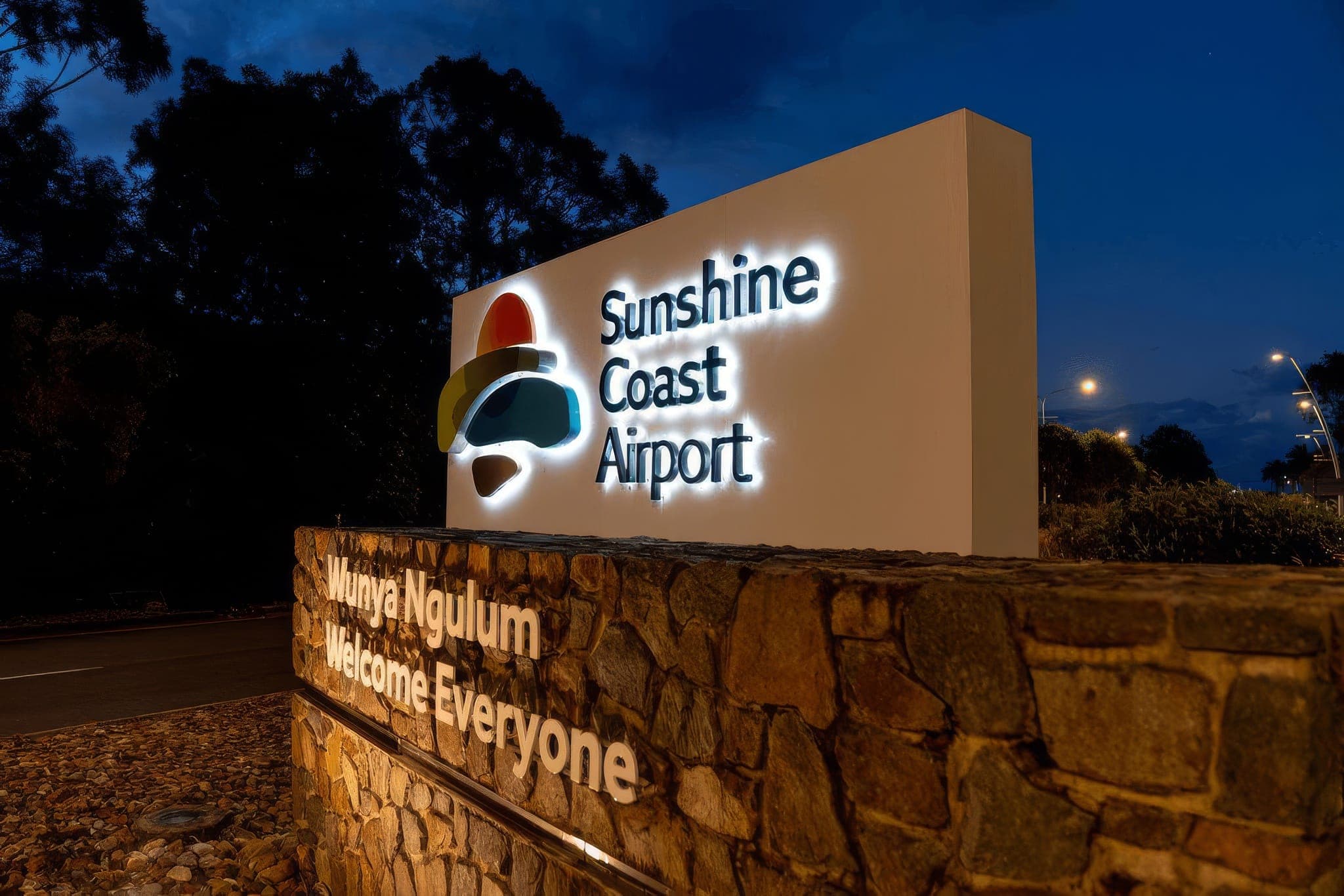 Illuminated Sunshine Coast Airport entry sign built by Sunquest Signs